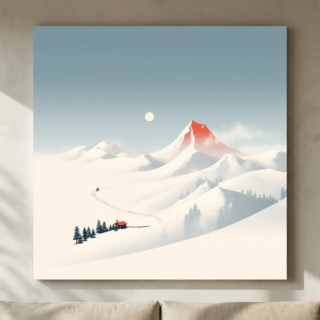 Minimalist Snowy Mountain Cabin Landscape - Nordic Winter Wall Art