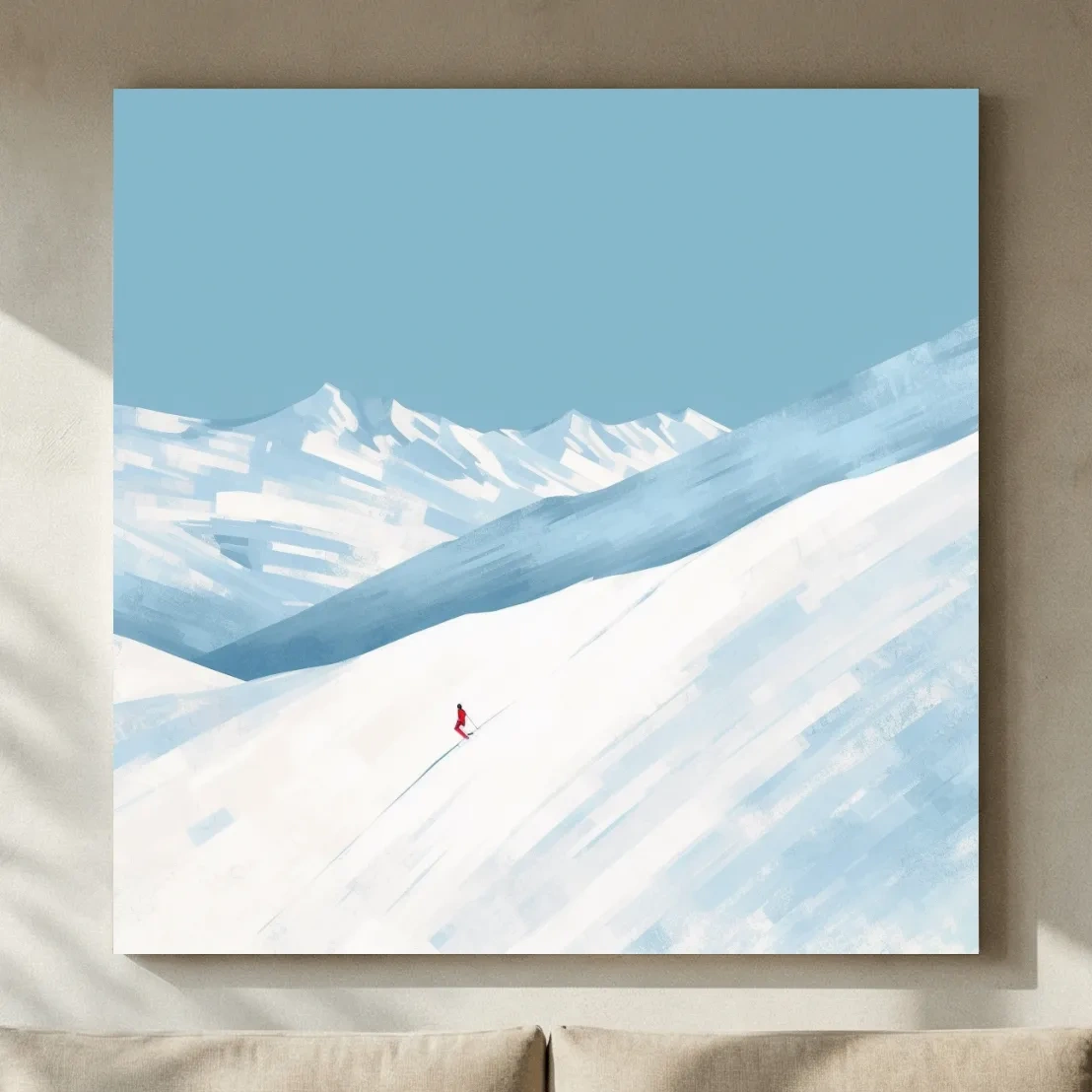 Minimalist Snowy Mountain Skier Painting - Alpine Winter Wall Art