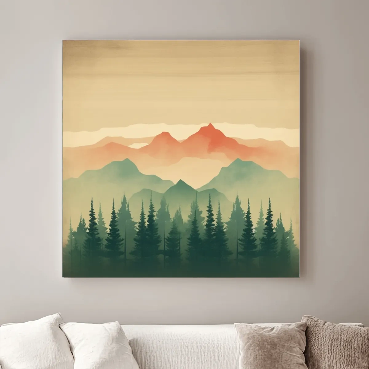 Misty Watercolor Mountain Range Sunrise - Pine Forest Landscape Artwork