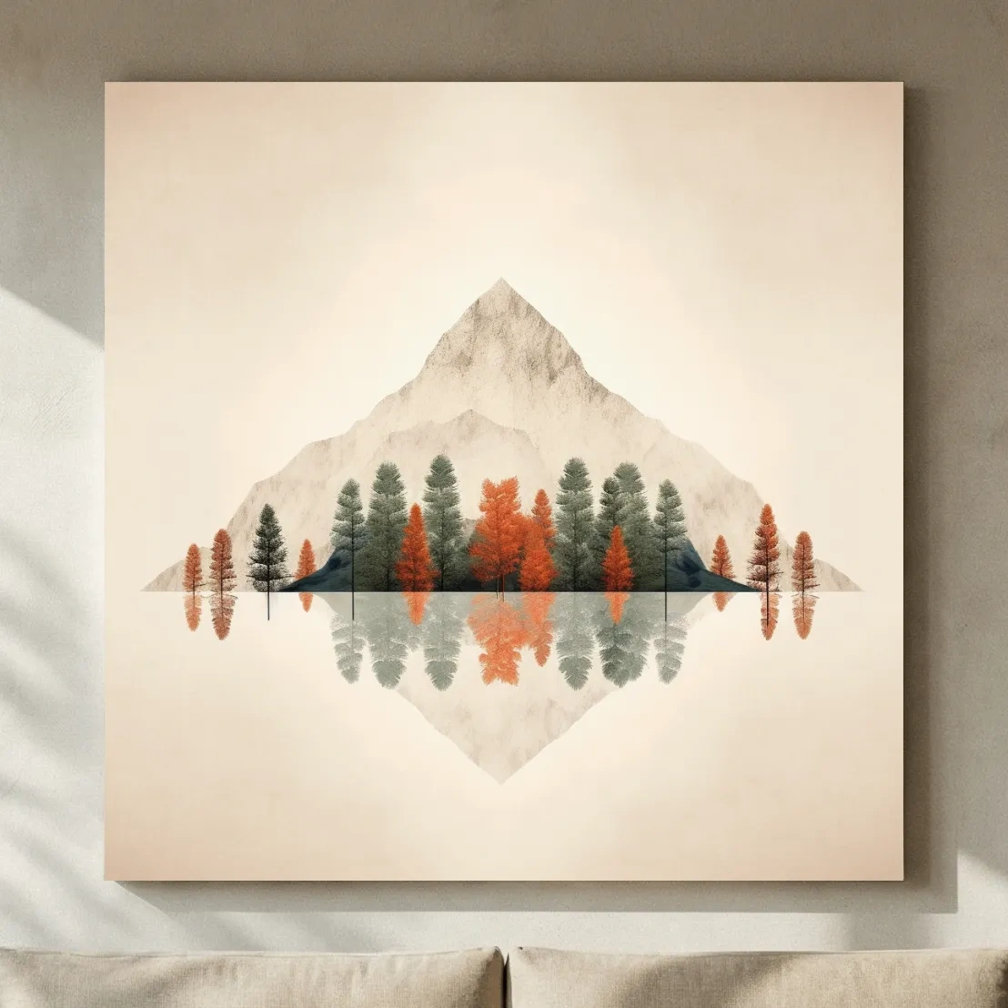 Minimalist Minimal Mountain Lake Reflection Painting - Autumn Pine Forest Artwork