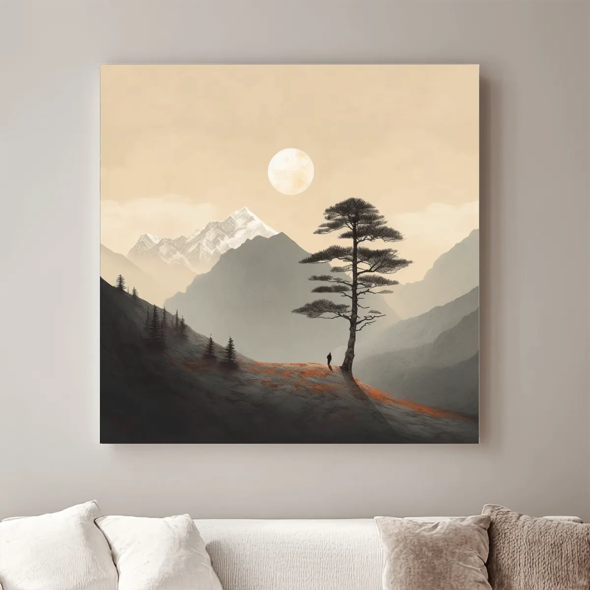 Minimalist Moonlit Mountain Lone Pine - Serene Landscape Wall Art