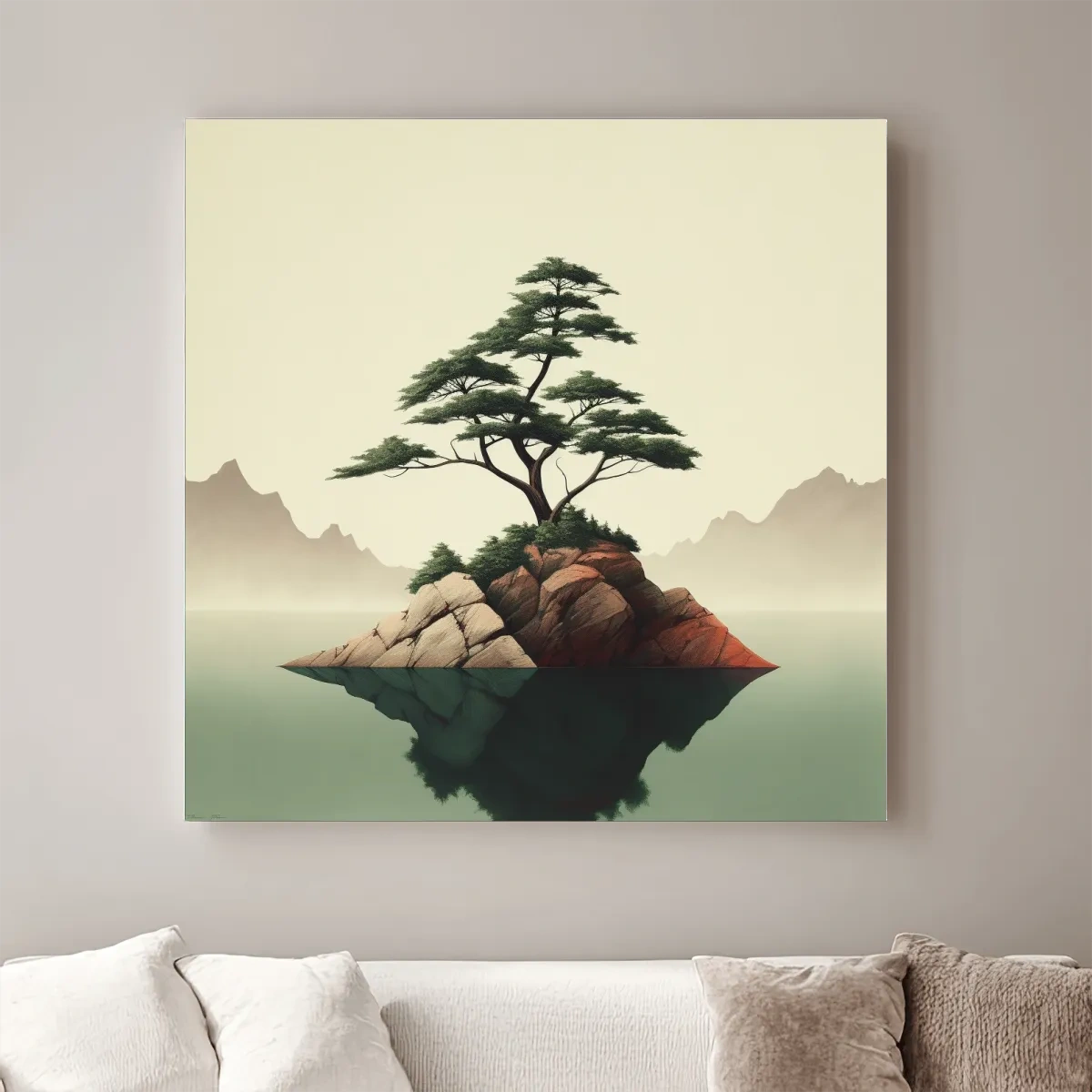 Minimalist Bonsai Pine On Rocky Islet - Japanese Zen Landscape Wall Art
