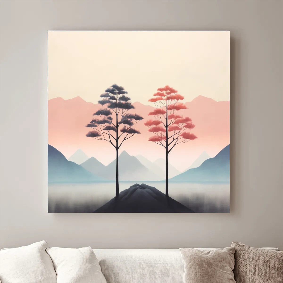 Minimalist Twin Pine Trees Landscape - Serene Pastel Mountain Lake Wall Art