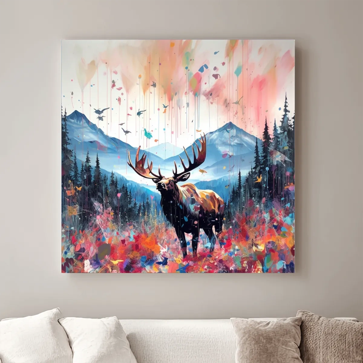 Abstract splattered painting of a large moose