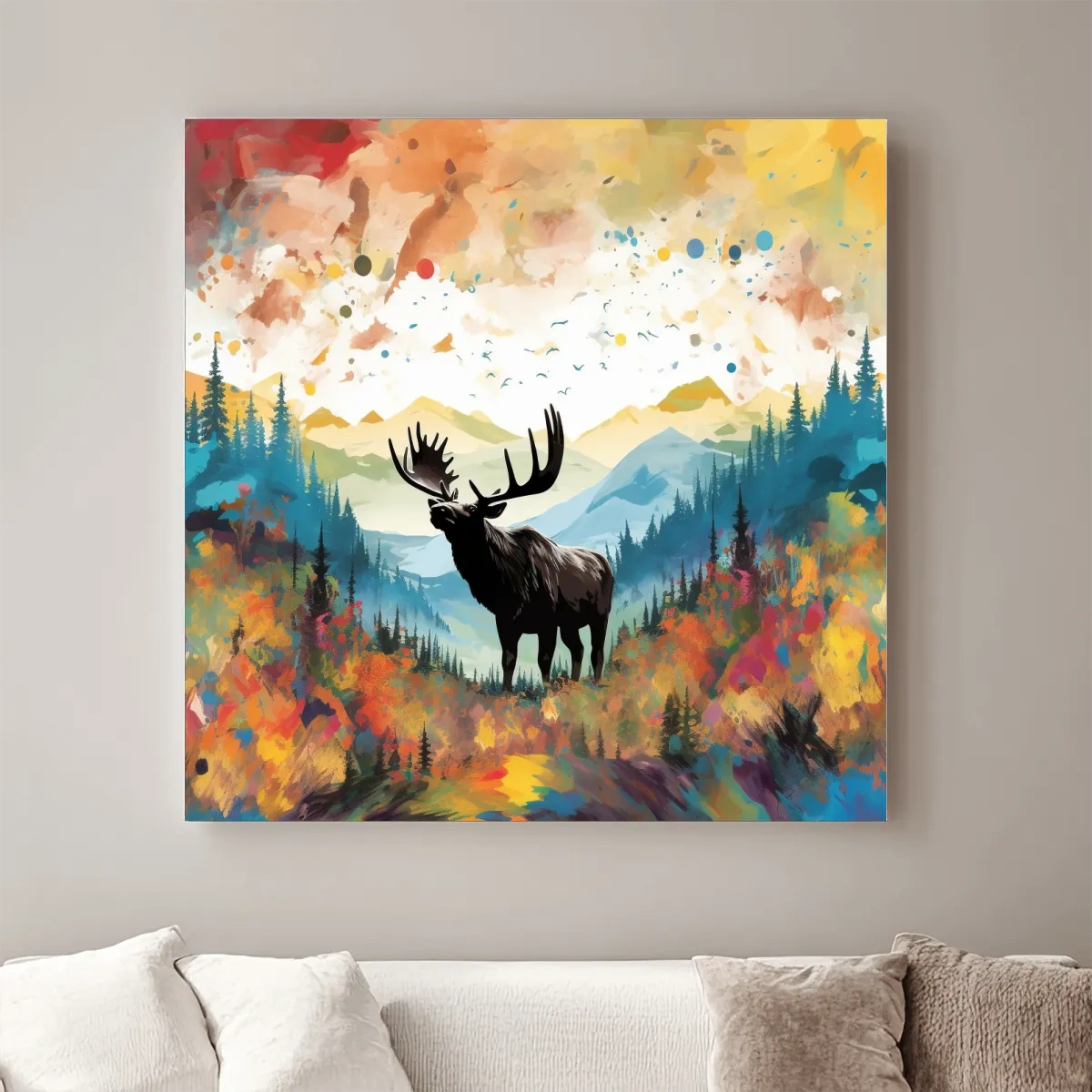 Abstract splattered painting of a large moose
