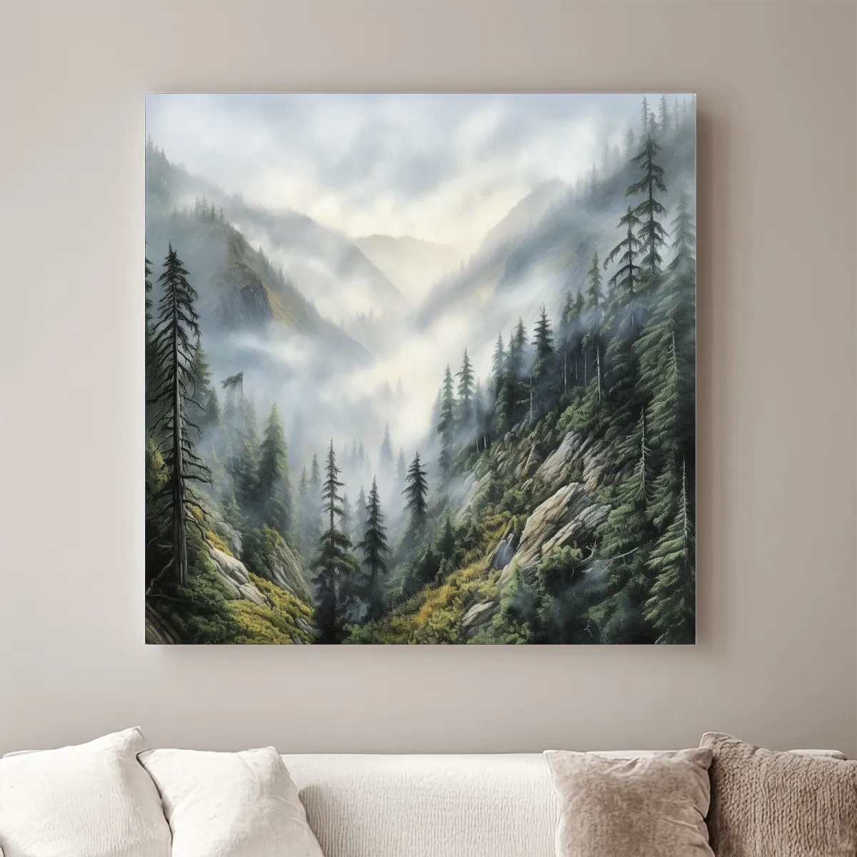 Painting of fog rolling through the mountains and trees