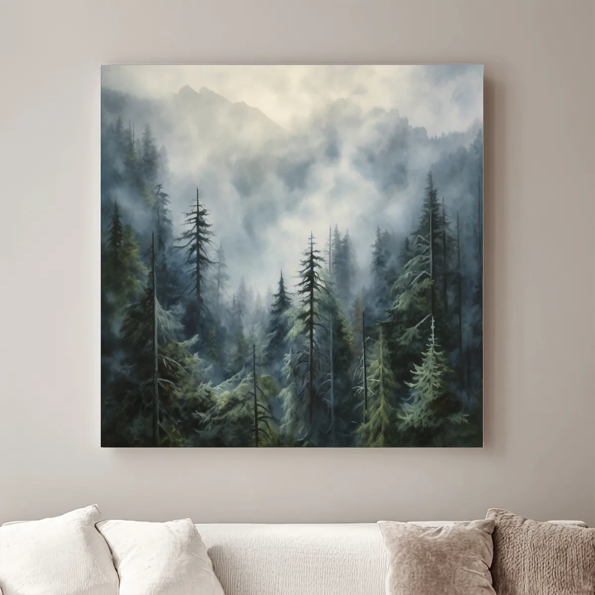 Painting of foggy forest in the mountains