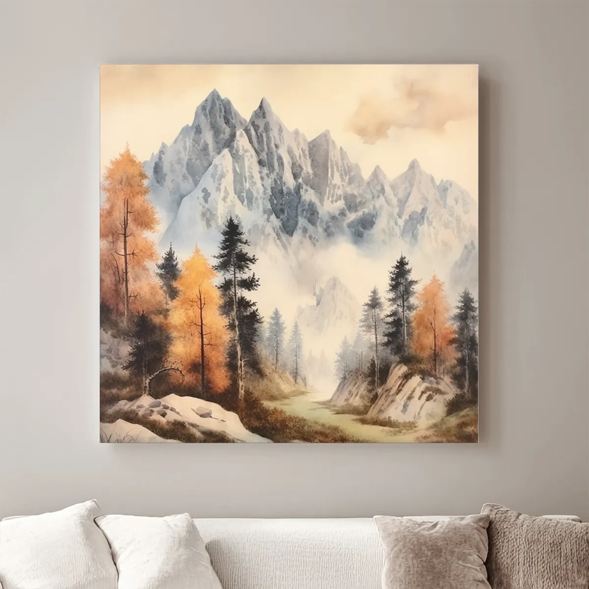 Watercolour painting of mountains and trees