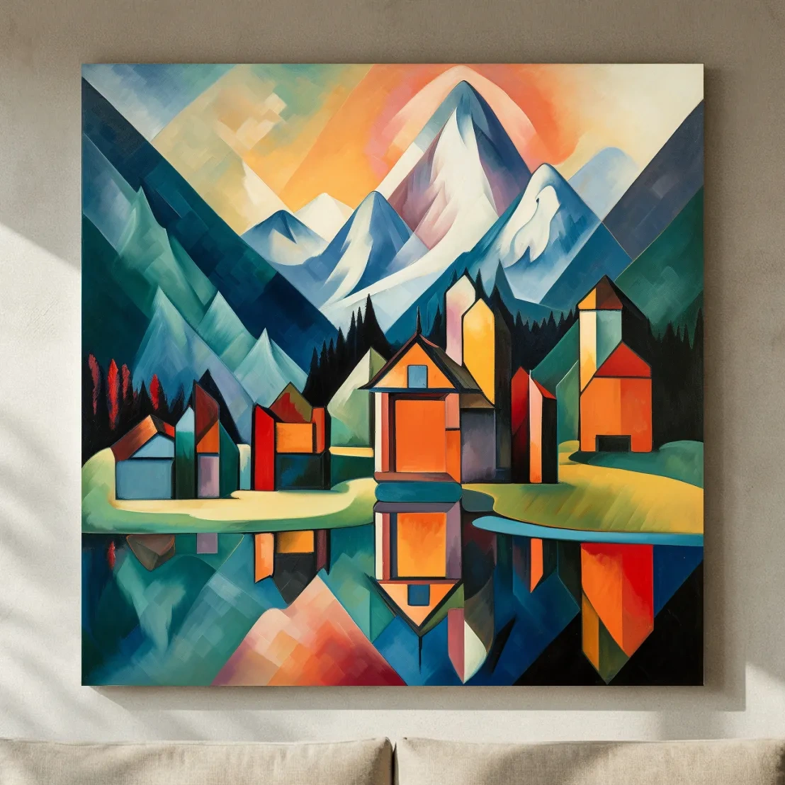 Colorful Geometric Alpine Village Lake Painting - Modern Abstract Mountain Wall Art