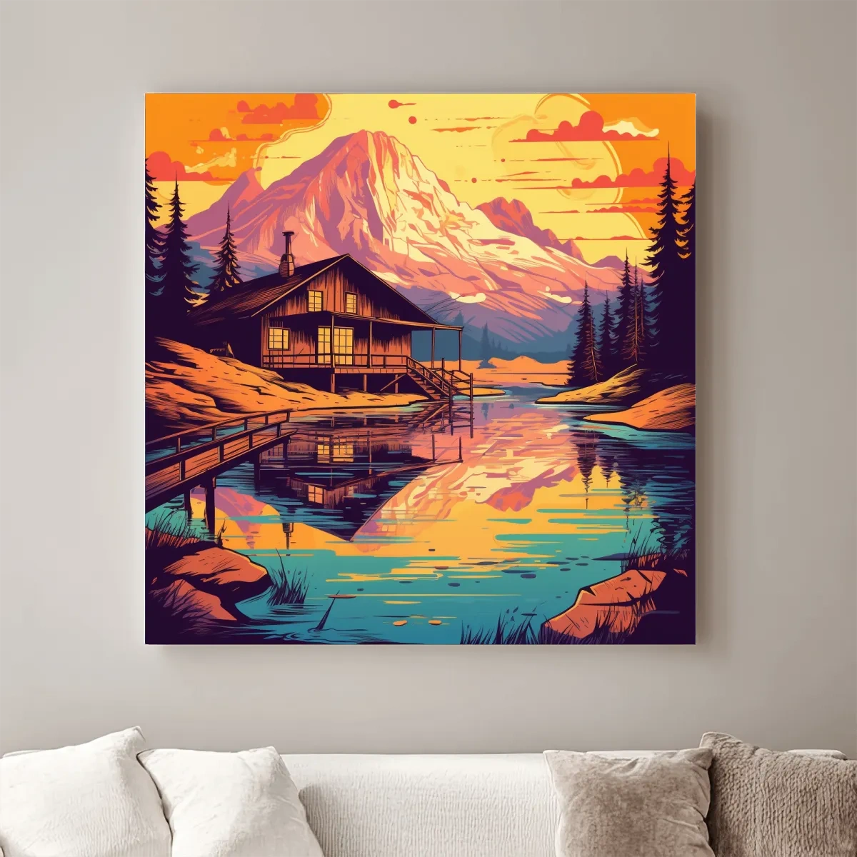 Colourful illustration of a cabin by an alpine lake at sunset