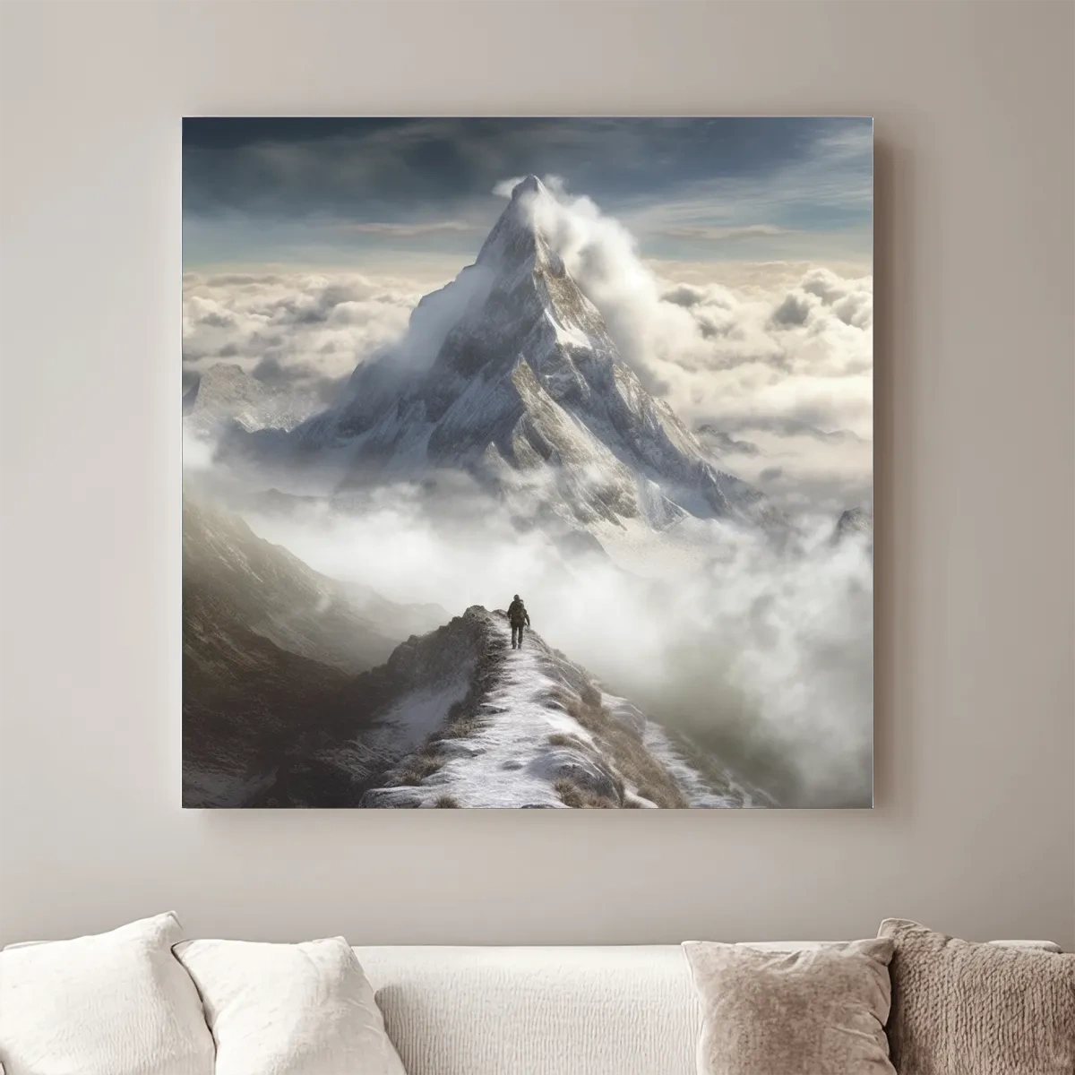 Painting of a person walking along a high alpine ridge