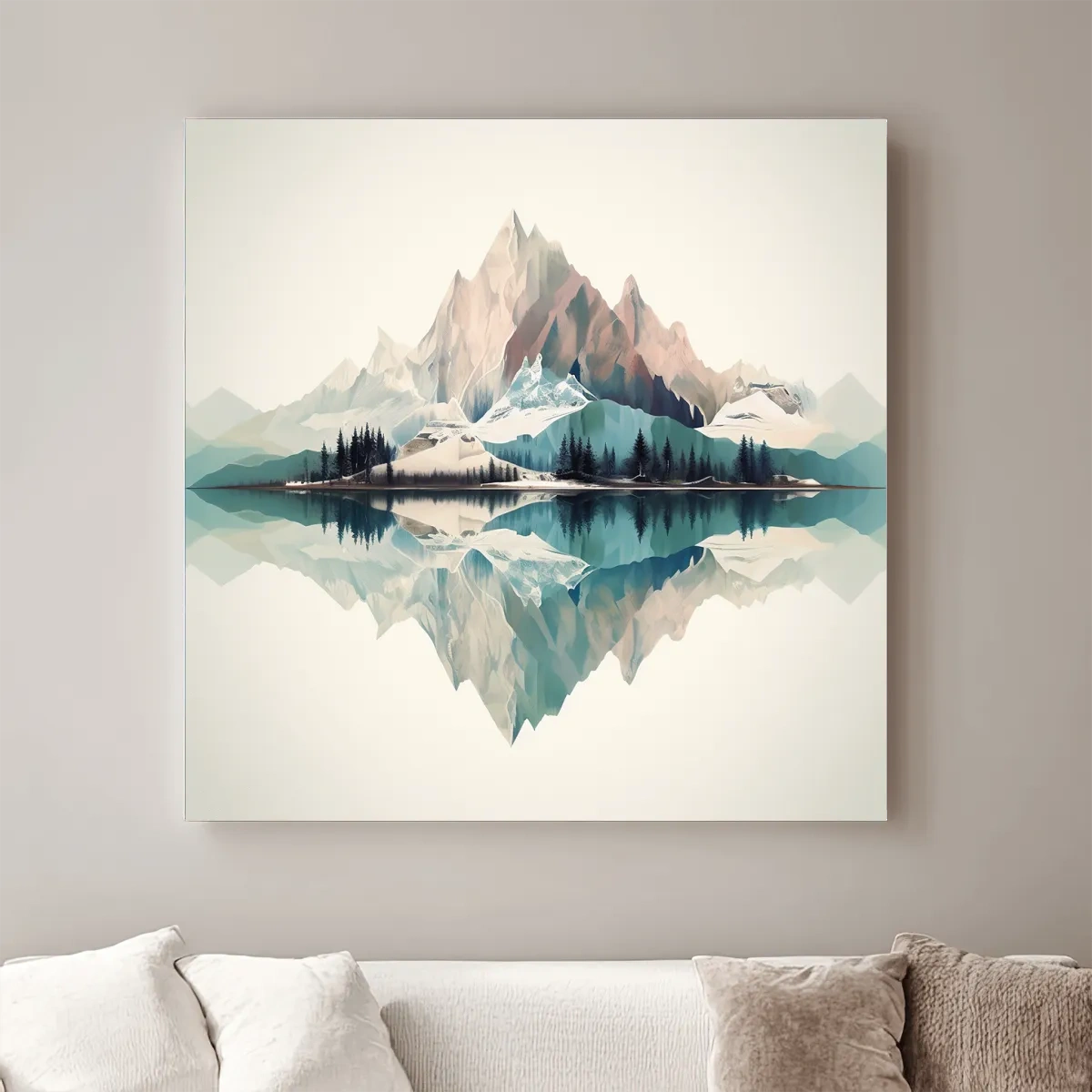 Minimalist Alpine Mountain Lake Reflection - Serene Pastel Watercolour Wall Art