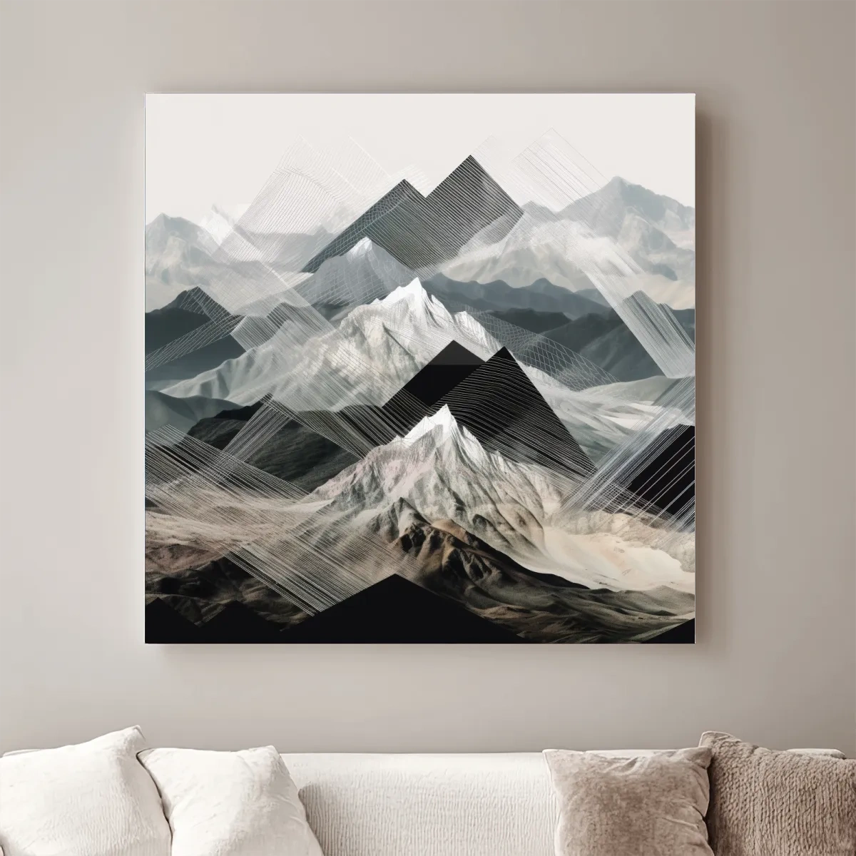Photographic mountain art, overlayed with abstract lines