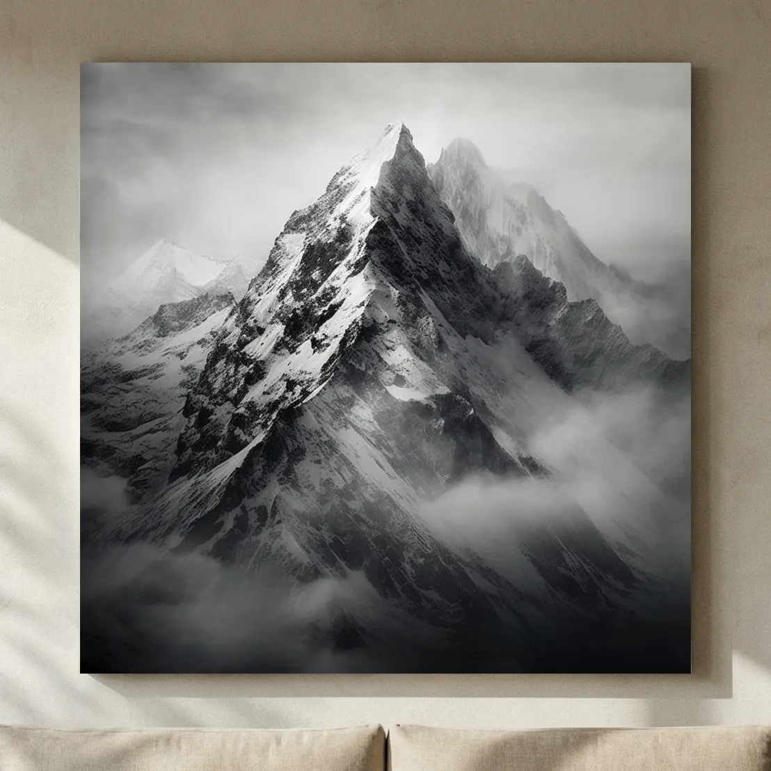 Moody Monochrome Snowcapped Mountain Peaks - Photographic Alpine Wall Art