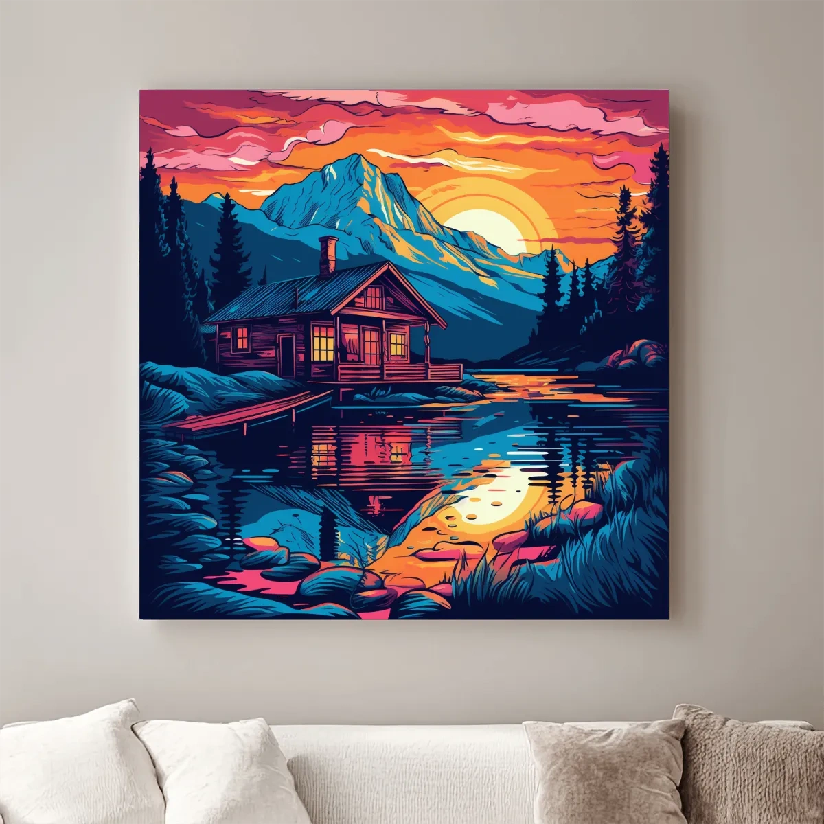 Illustration of a cabin by a lake at sunset
