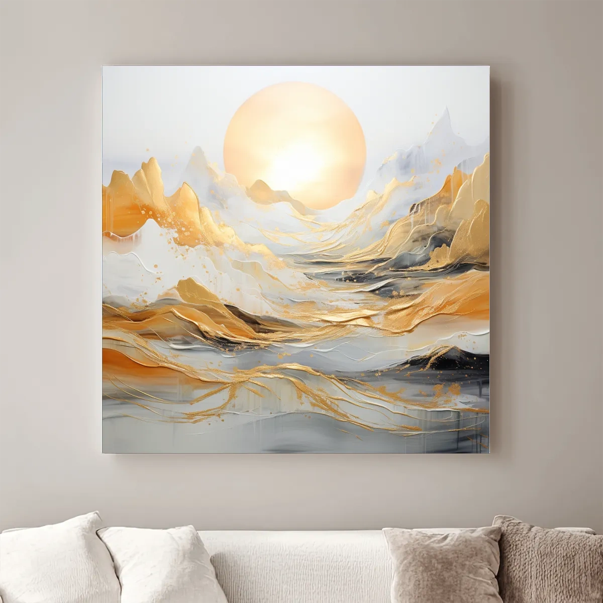 Mountain landscape art, gold leaf painting style