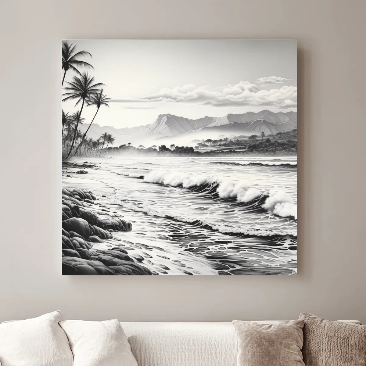Black and white drawing of a tropical beach mountain scene