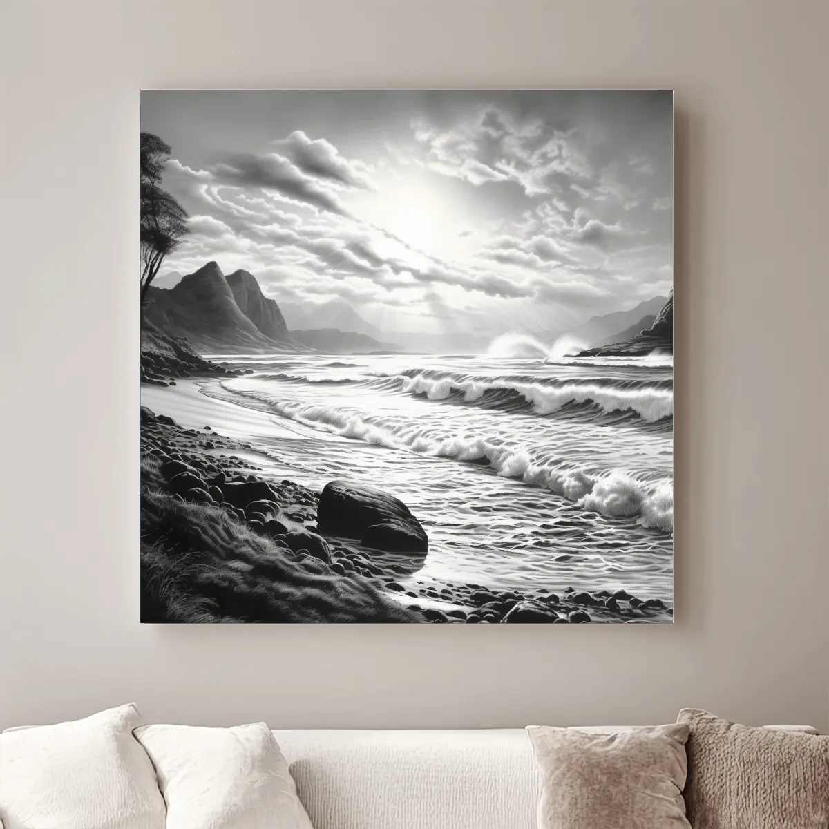 Black and white drawing of a sunny beach scene