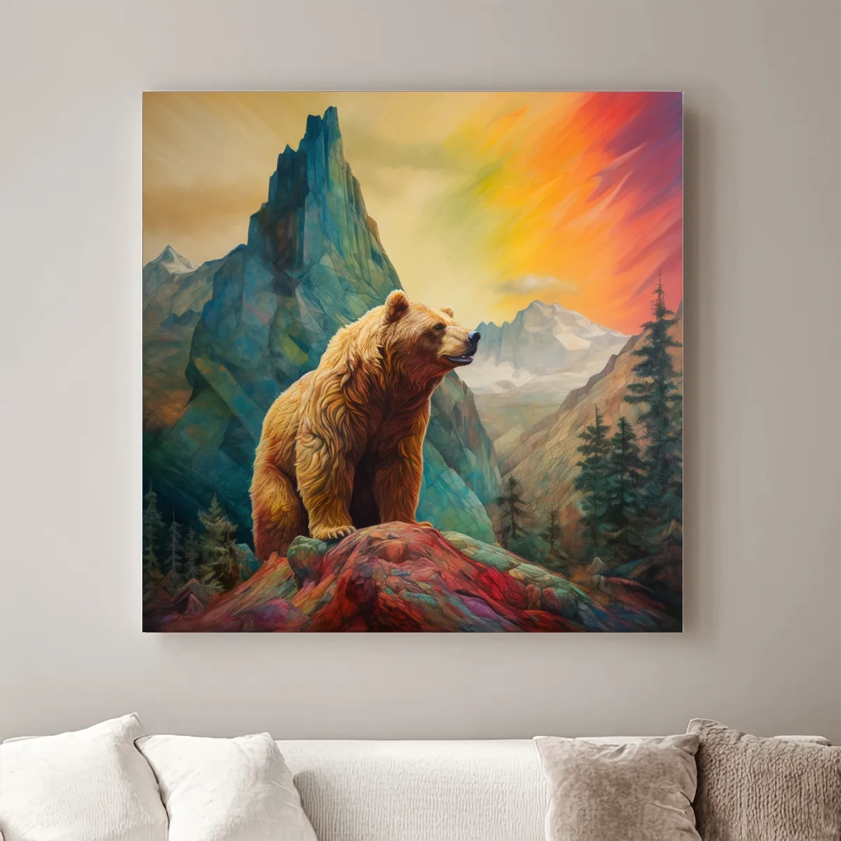 Colourful painting of a gizzly bear in the mountains