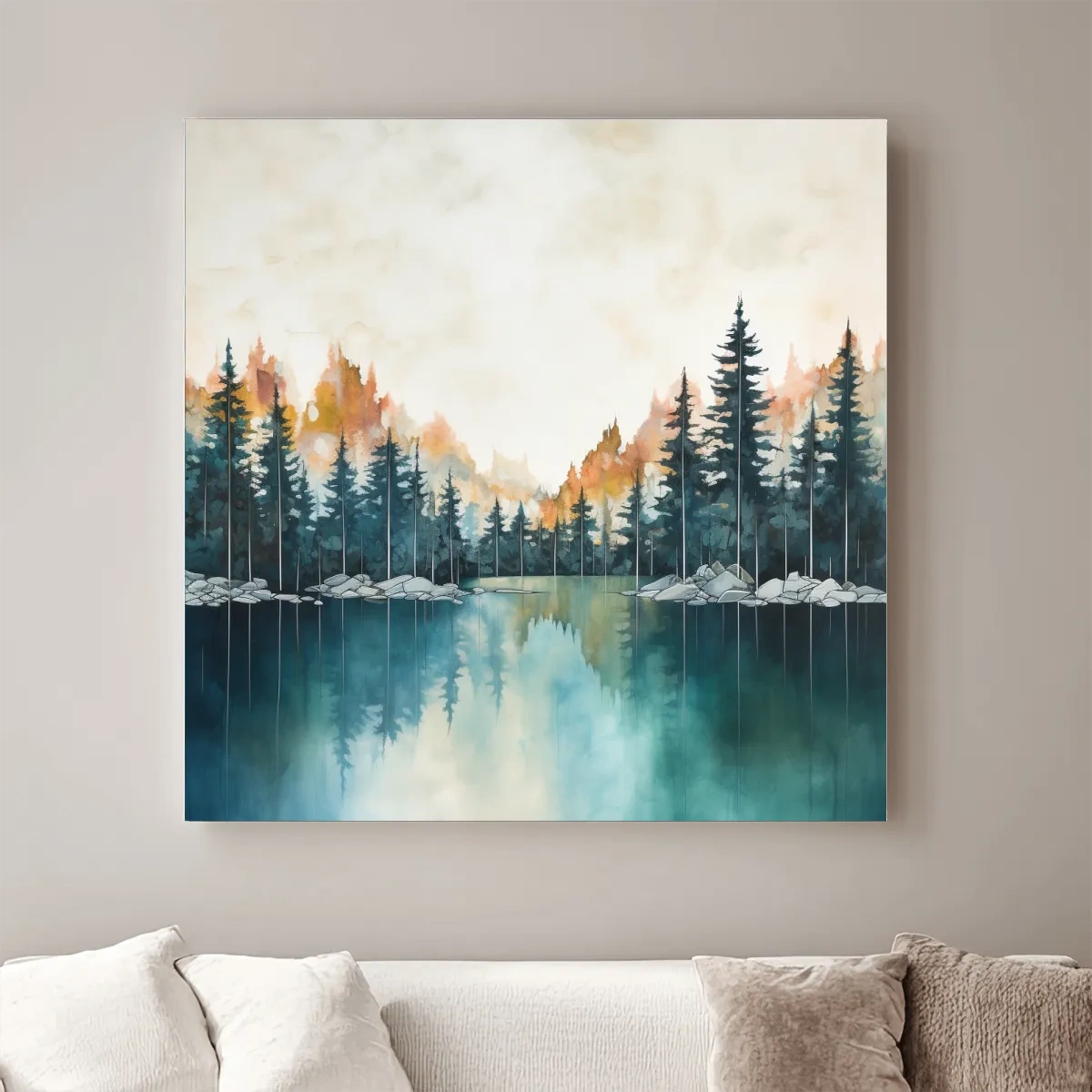 Misty Forest Lake Watercolor Painting - Serene Landscape Wall Art