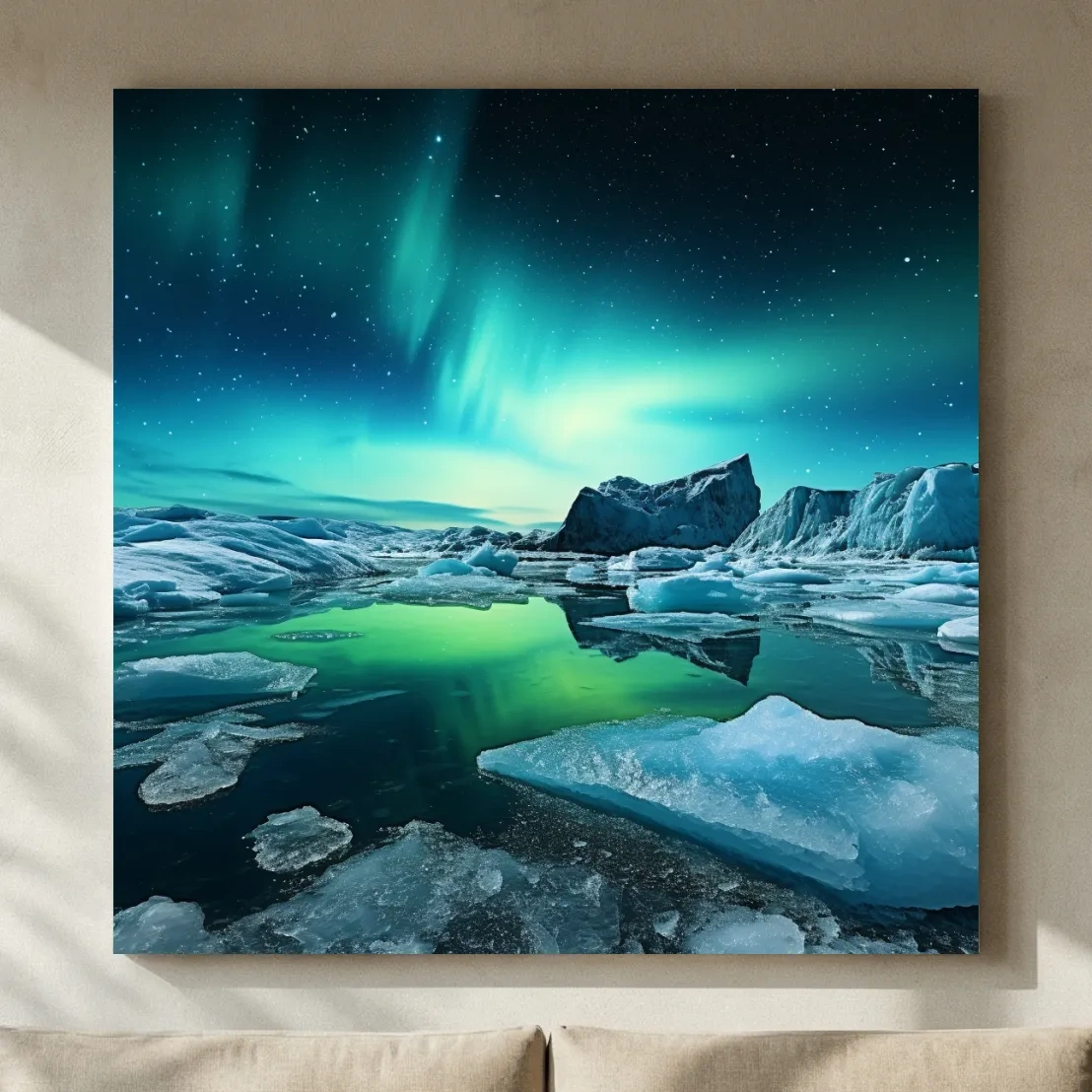 Photographic art, turquoise northen lights over the artic ice