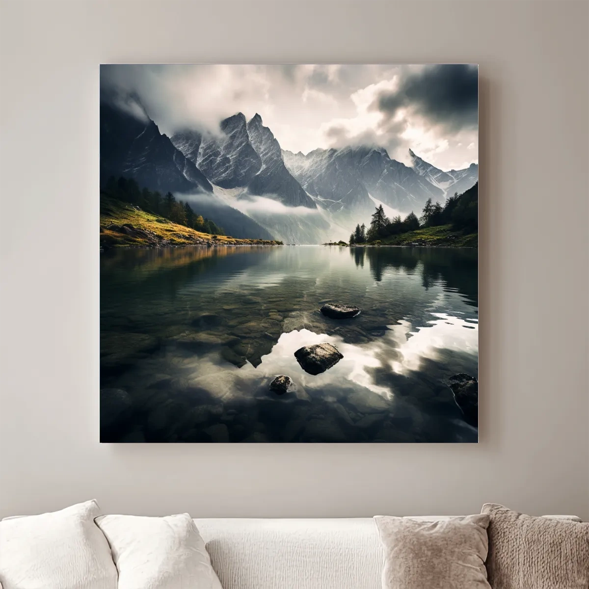 Photographic art, dramatic clouds over an alpine lake