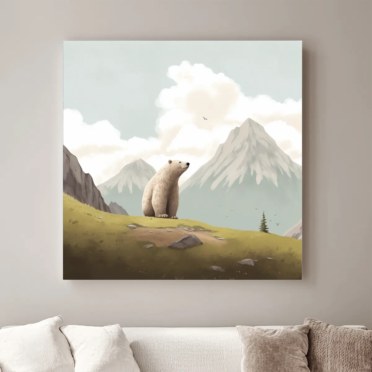 Illustration of a happy bear chilling in the alpine