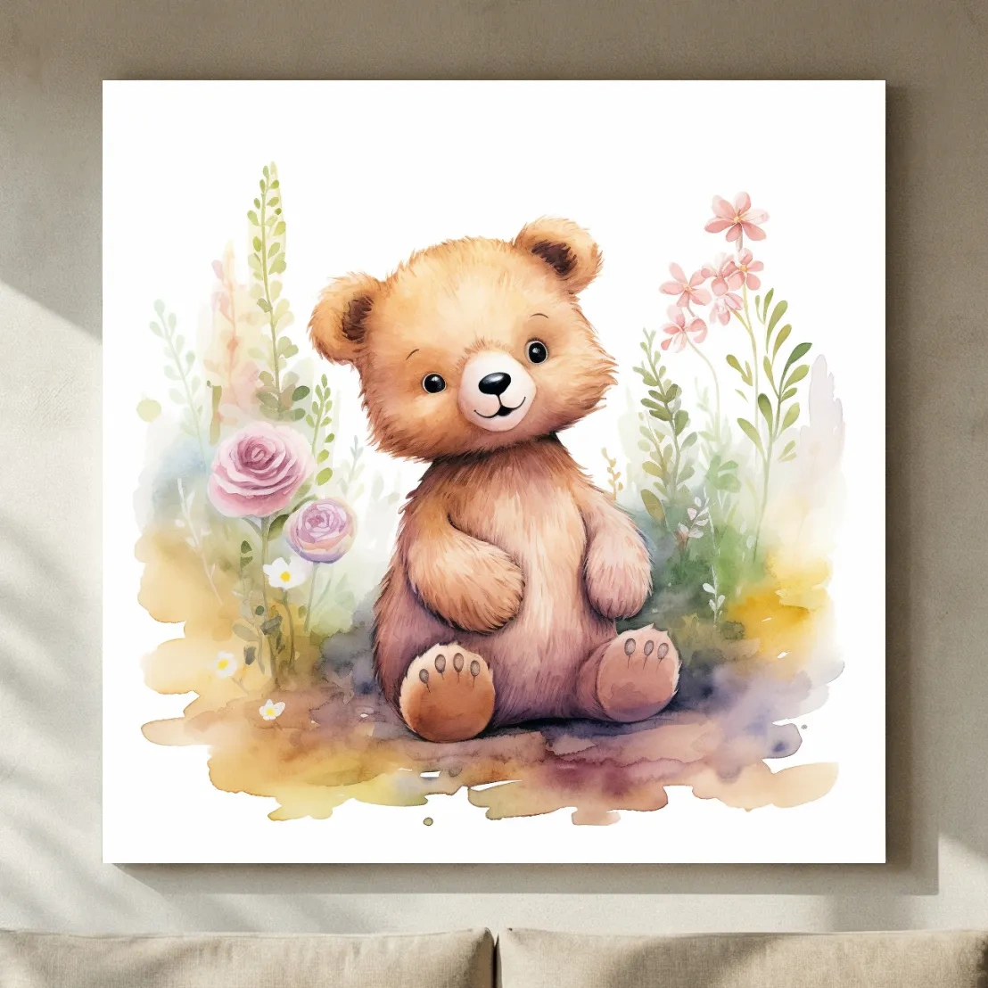 Cute Watercolor Teddy Bear With Pastel Flowers - Nursery Animal Wall Art