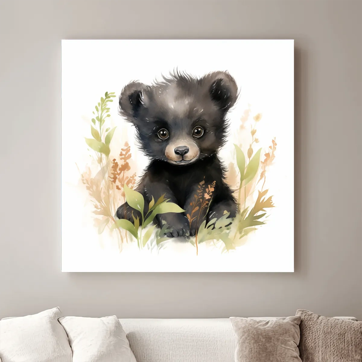 Watercolor painting of a cute black bear cub, nursery art painting