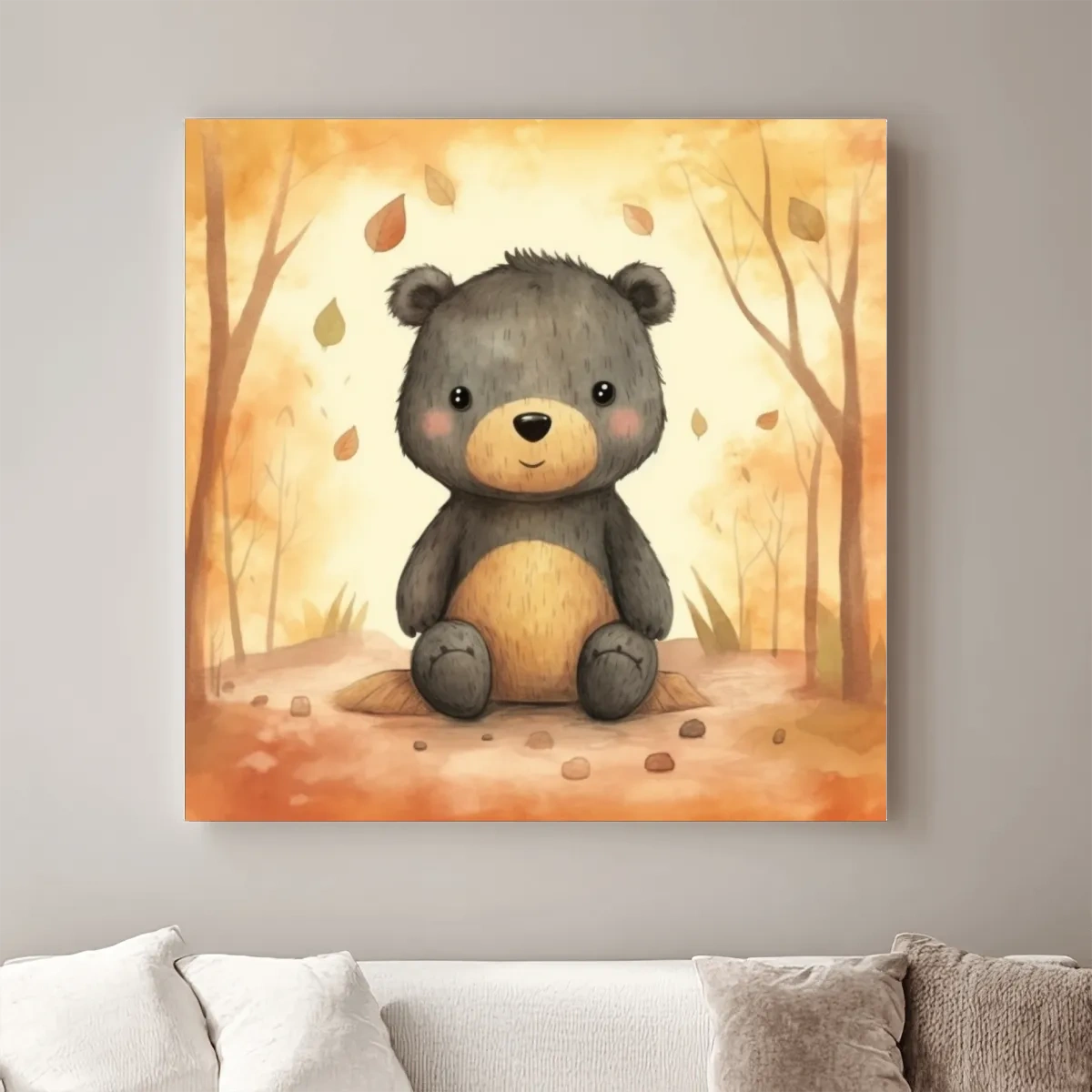 An illustration of a cute bear sitting in the forest, childrens art