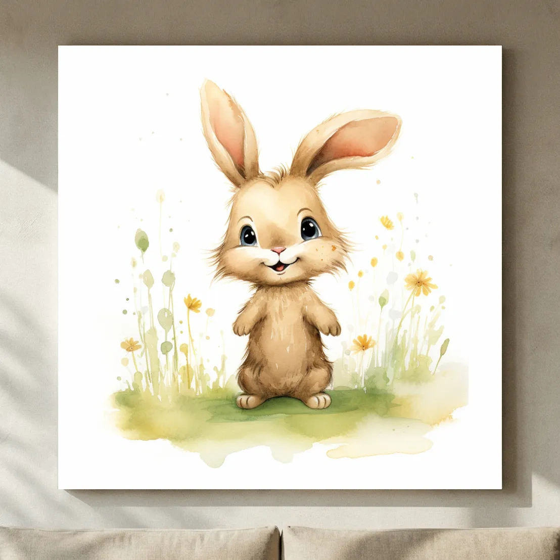 Cute Watercolor Bunny In Wildflowers - Whimsical Nursery Animal Wall Art