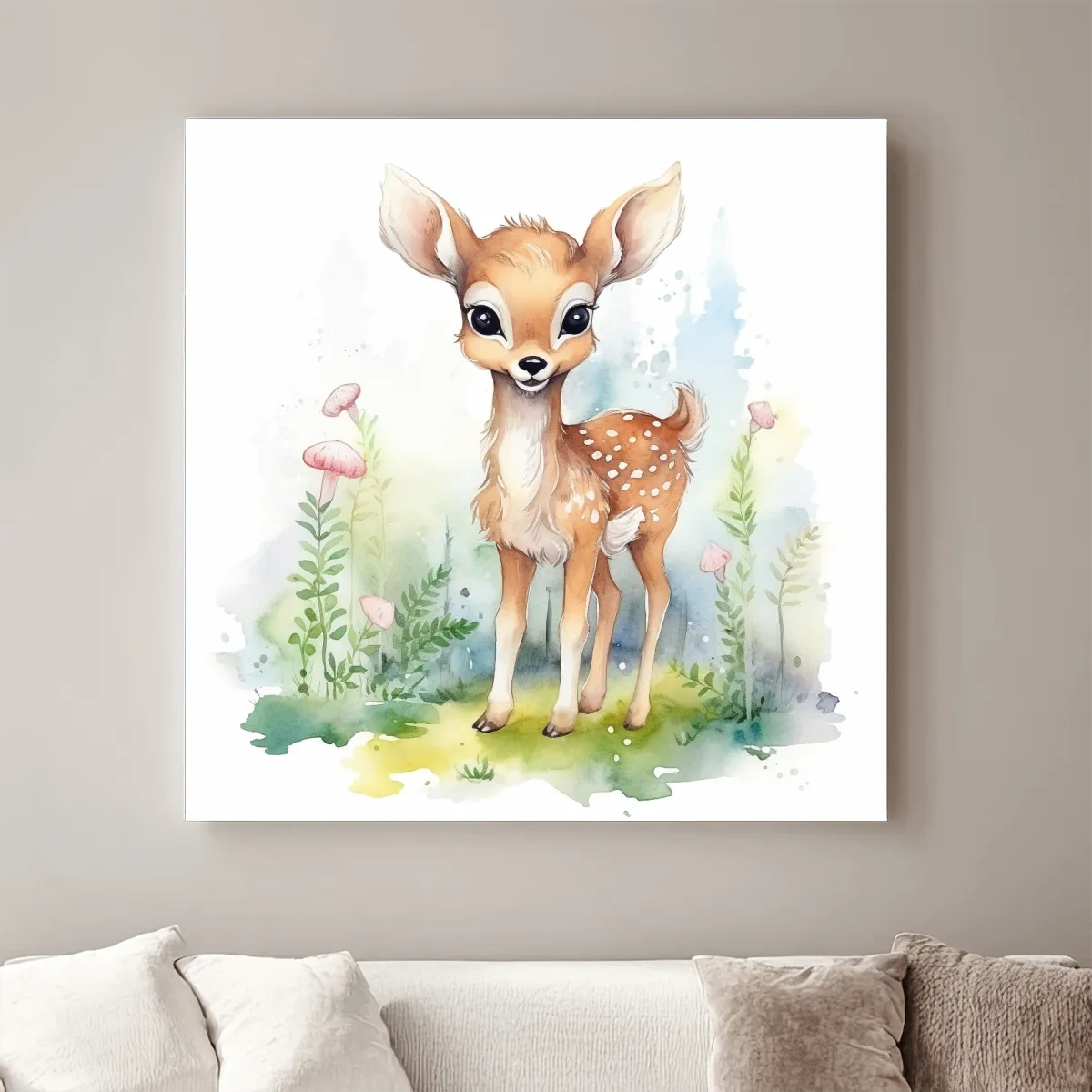 Nursery art, watercolor painting of a cute fawn in the forest