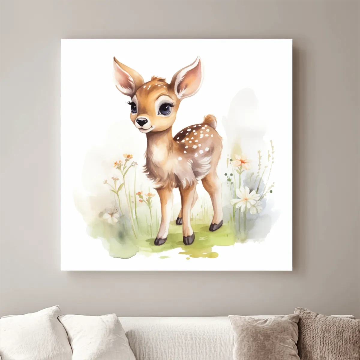 Simple watercolor painting of a cute deer fawn in the forest, nursery art