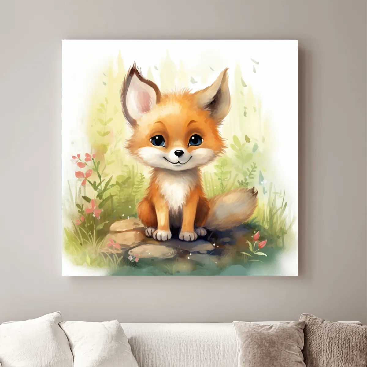 Watercolor nursery art painting, a cute baby fox cub sitting in the forest