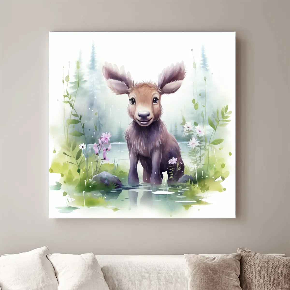 Watercolor painting of a cute baby moose in the forest, nursery art