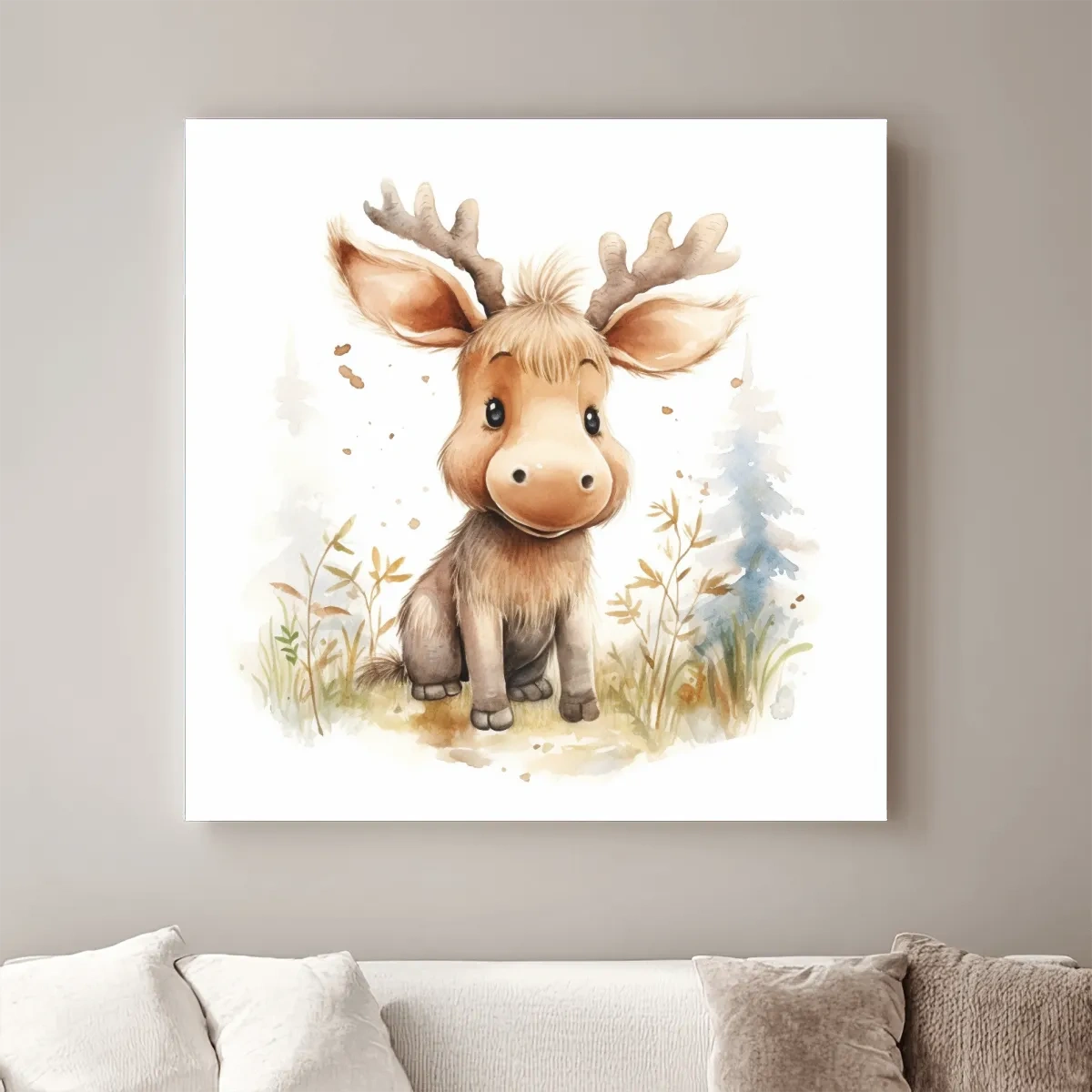 Watercolor illustration, a cute baby moose in the forest, nursery art