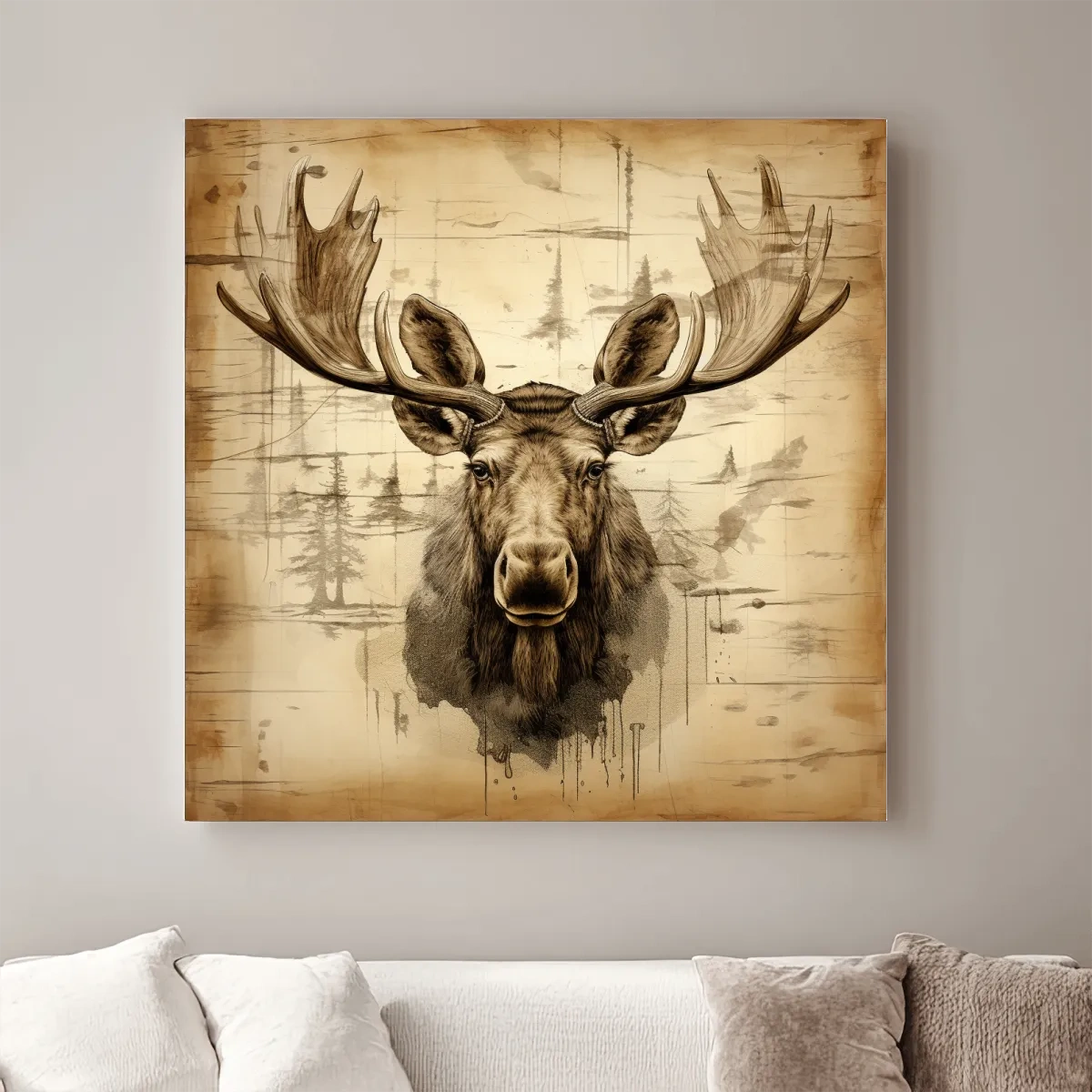 Rustic Sepia Moose Portrait Sketch - Vintage Lodge Wildlife Wall Art