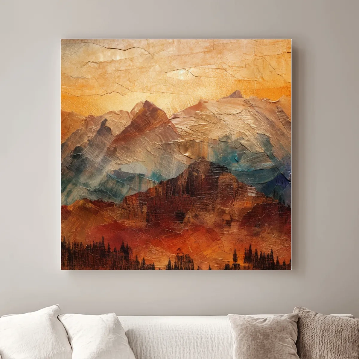 Rustic textured painting effect artwork of mountains at sunset