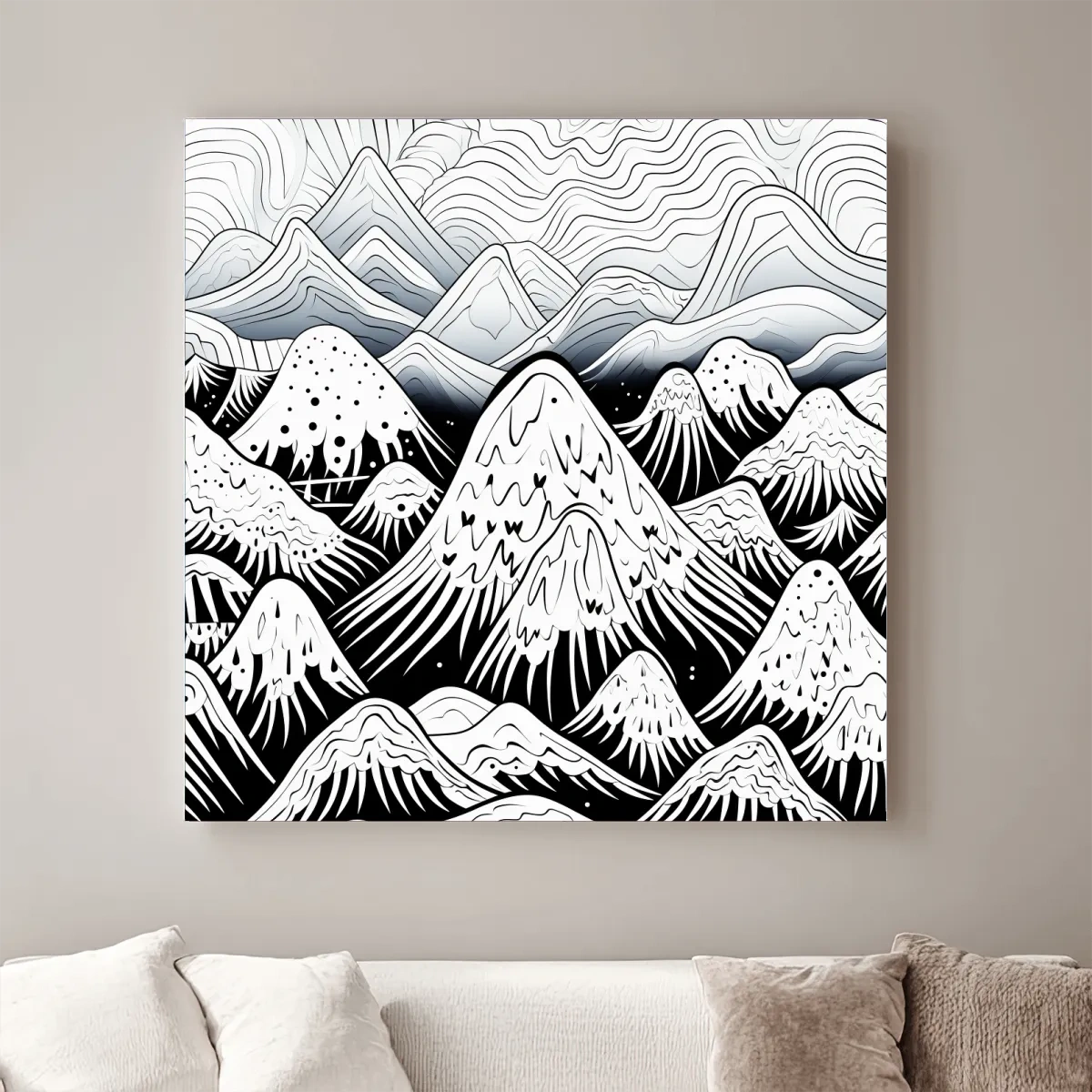 Black and white illustration of snowy mountain peaks