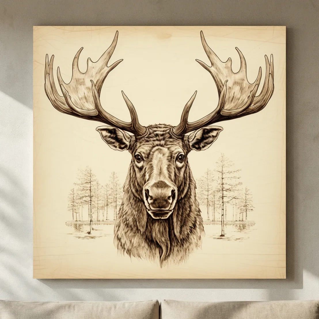 Rustic Sepia Moose Head Sketch - Vintage Woodland Wildlife Wall Art