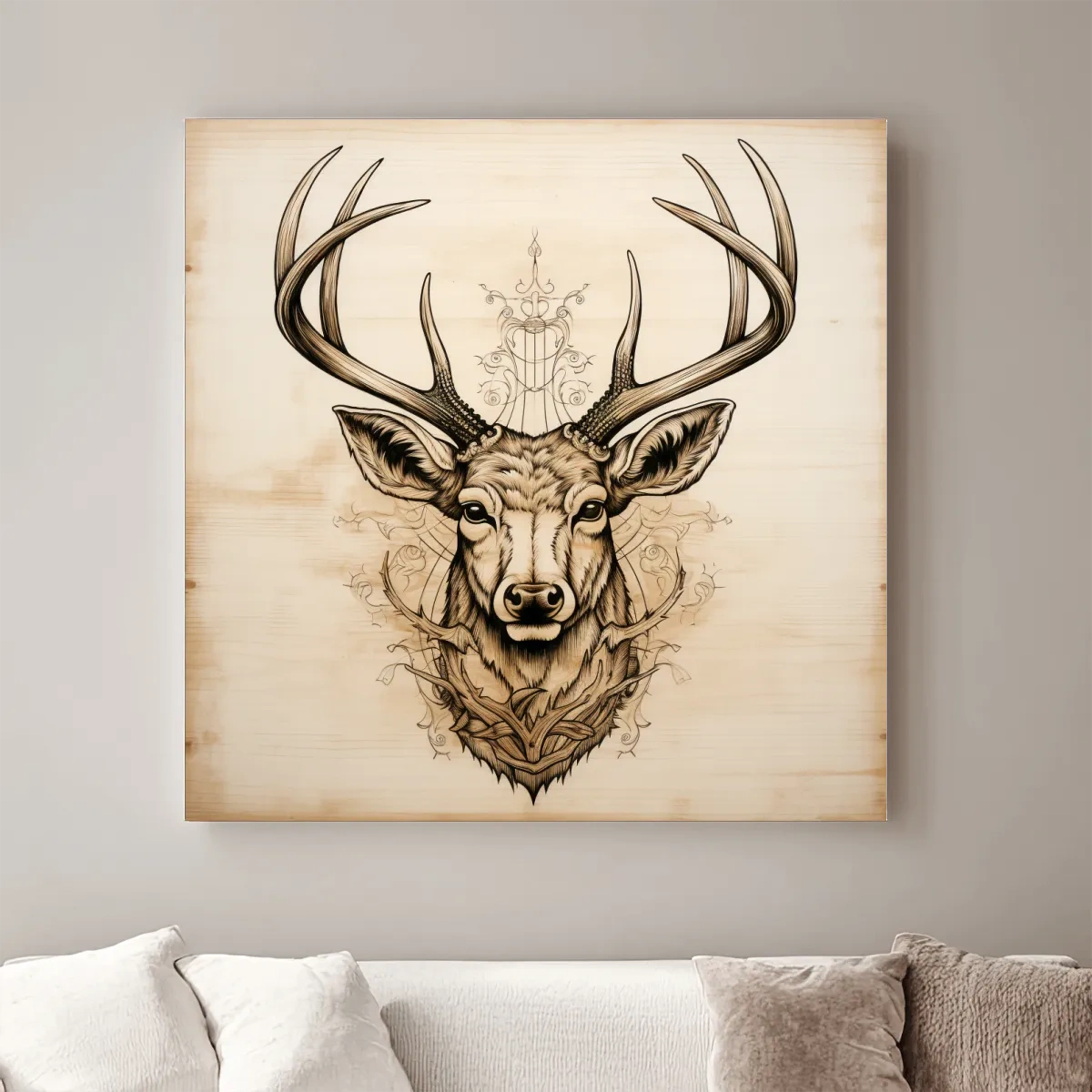 Subtle wood burning art of an elegant deer head