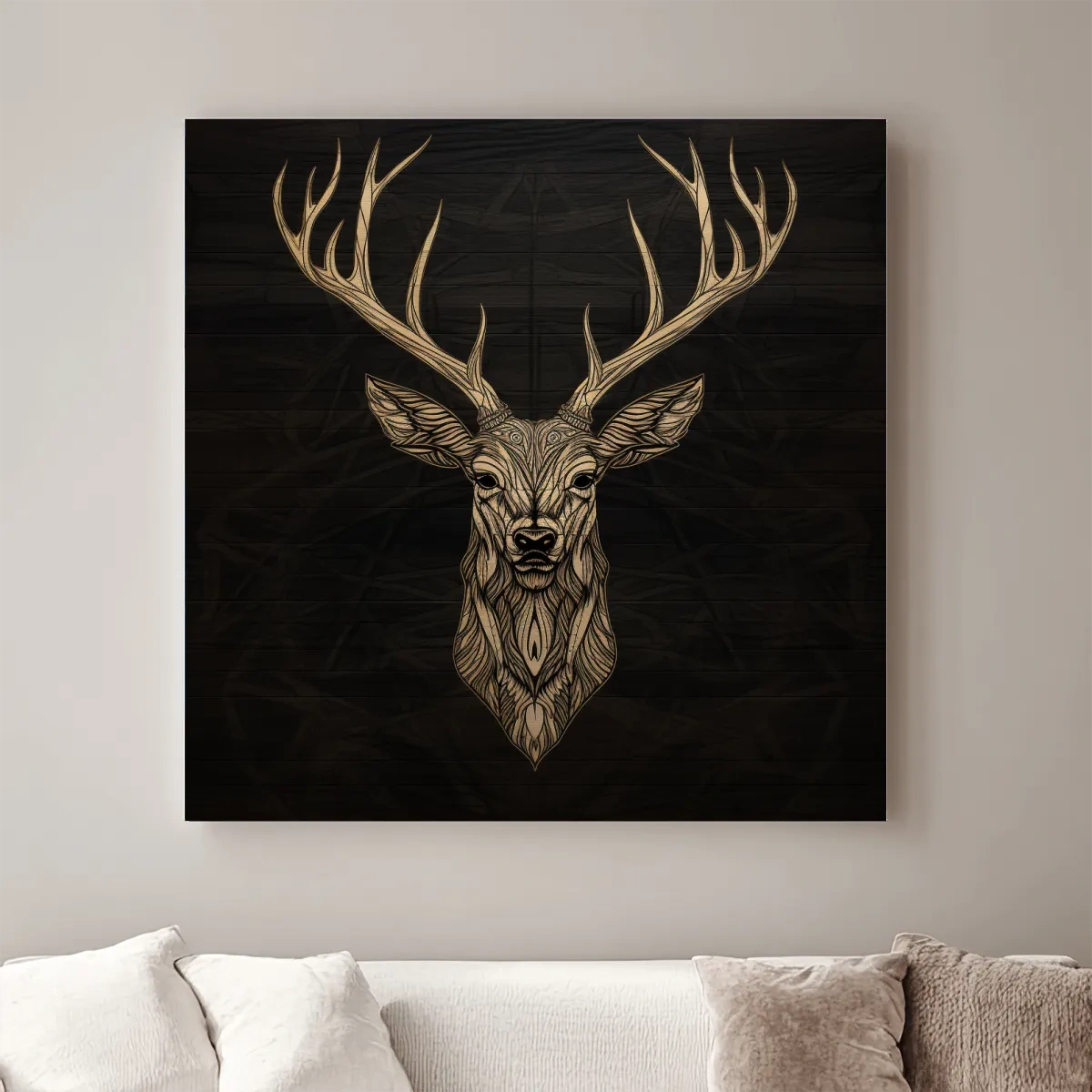 Wood engraving artwork of a deer head