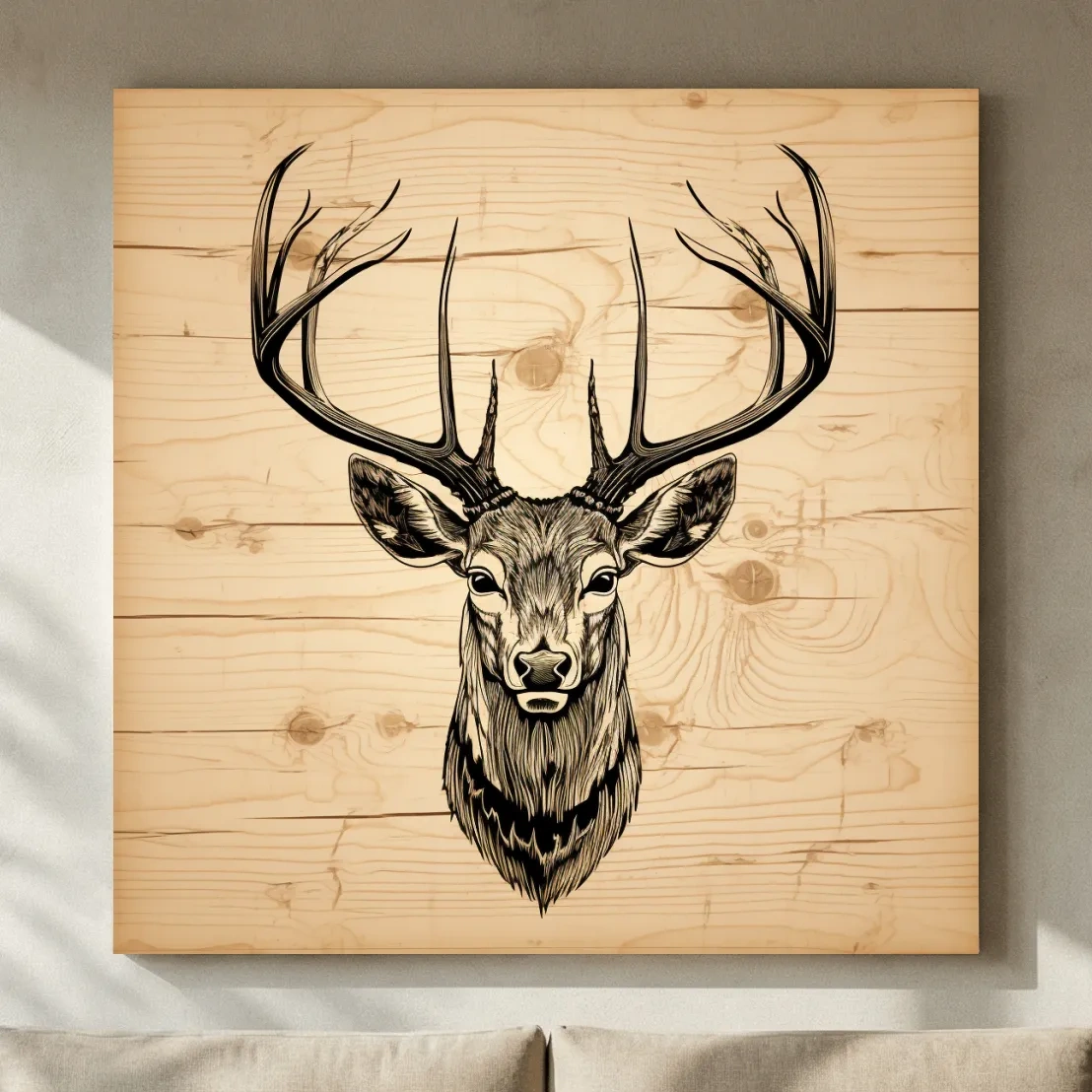 Rustic Engraved Wood Deer Head Illustration - Lodge Wildlife Wall Art