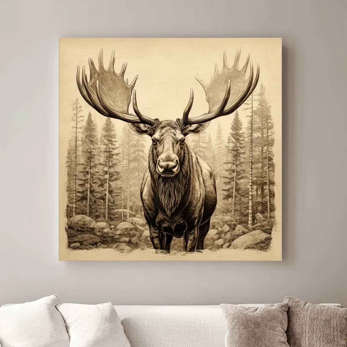 Vintage style sepia drawing of a large moose