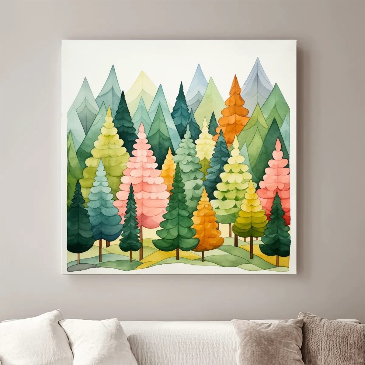 Watercolour style art of colorful dreamy forest