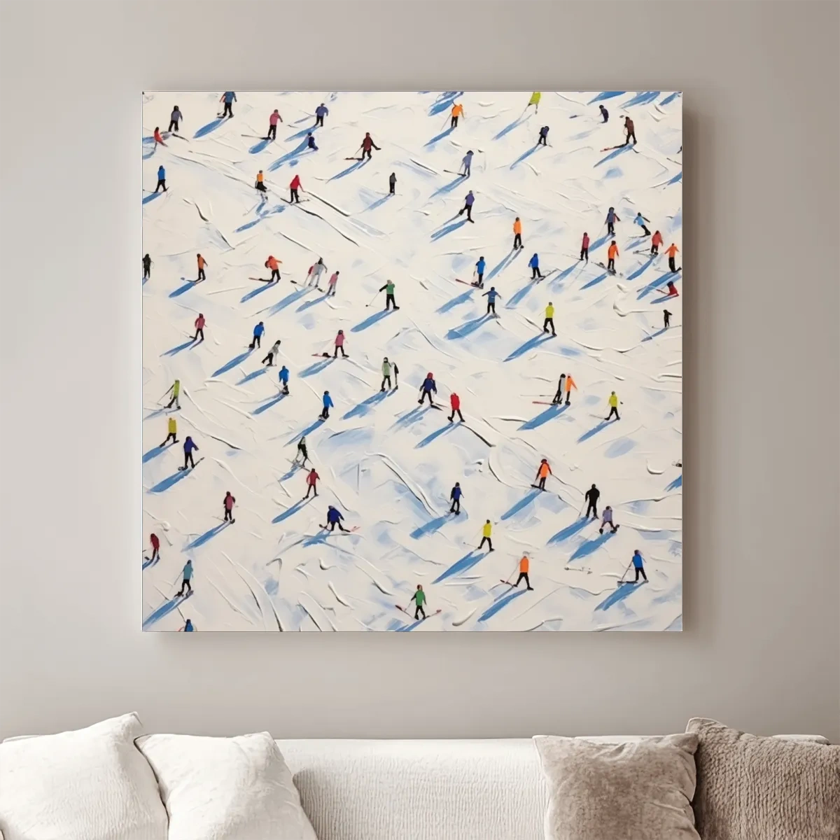 Aerial view of a ski resort with lots of little skiers, textured painting effect