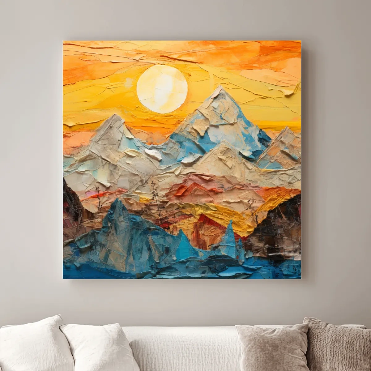Textured art paper mache effect, mountains at sunset canvas art