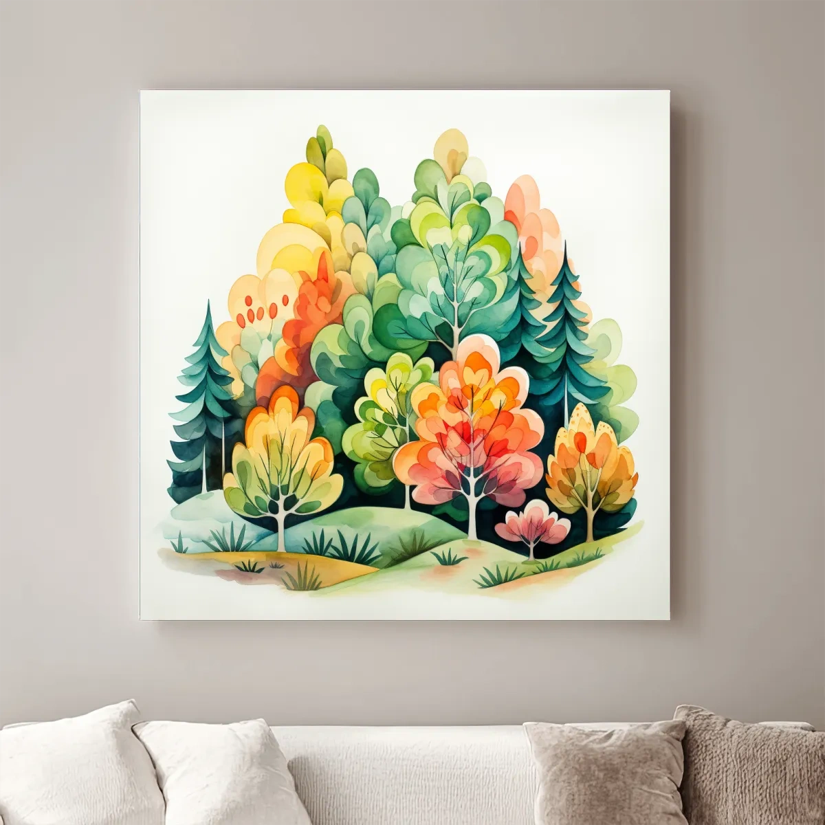 Colorful forest art, watercolor style illustration