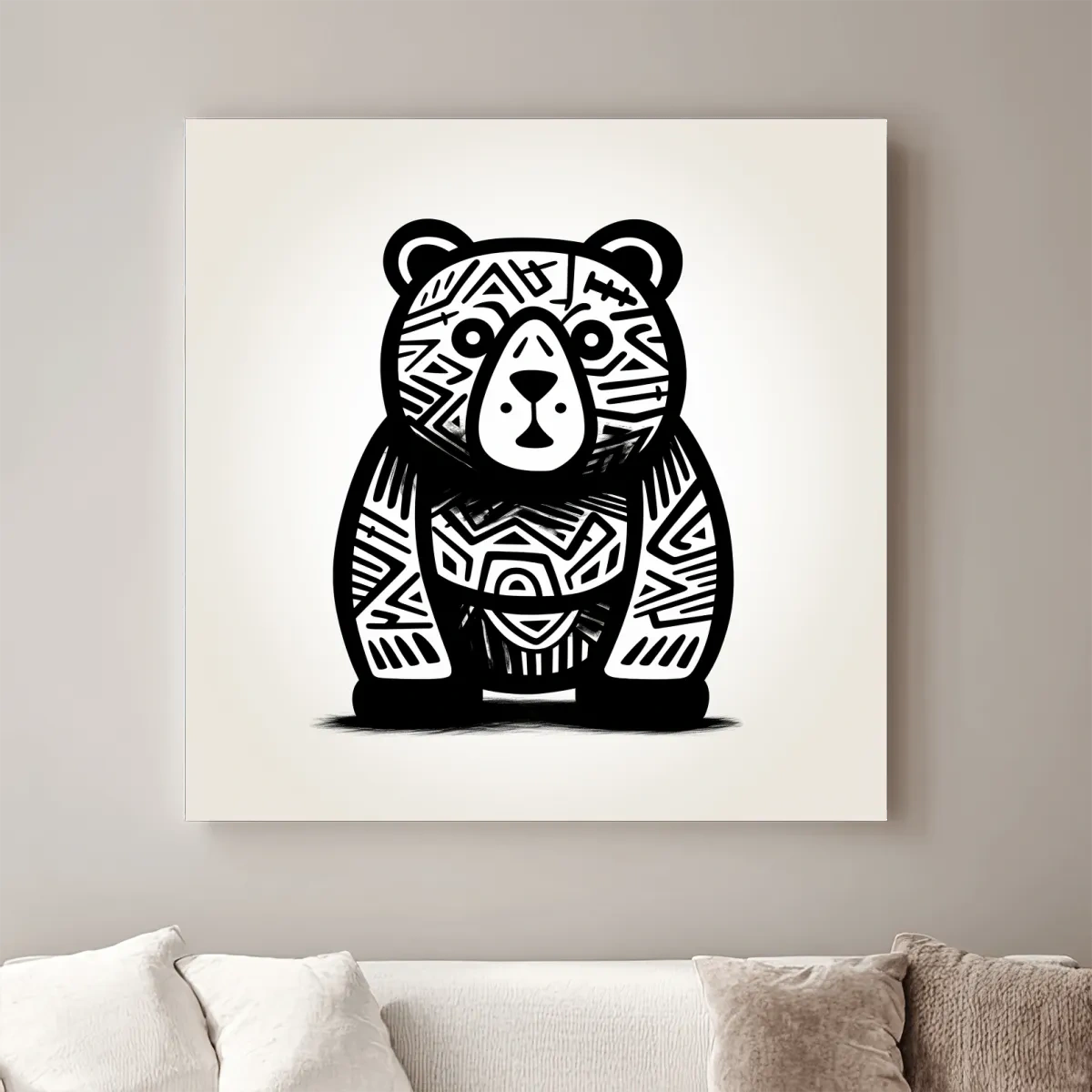 Tribal Pattern Bear Illustration - Quirky Black And White Animal Wall Art
