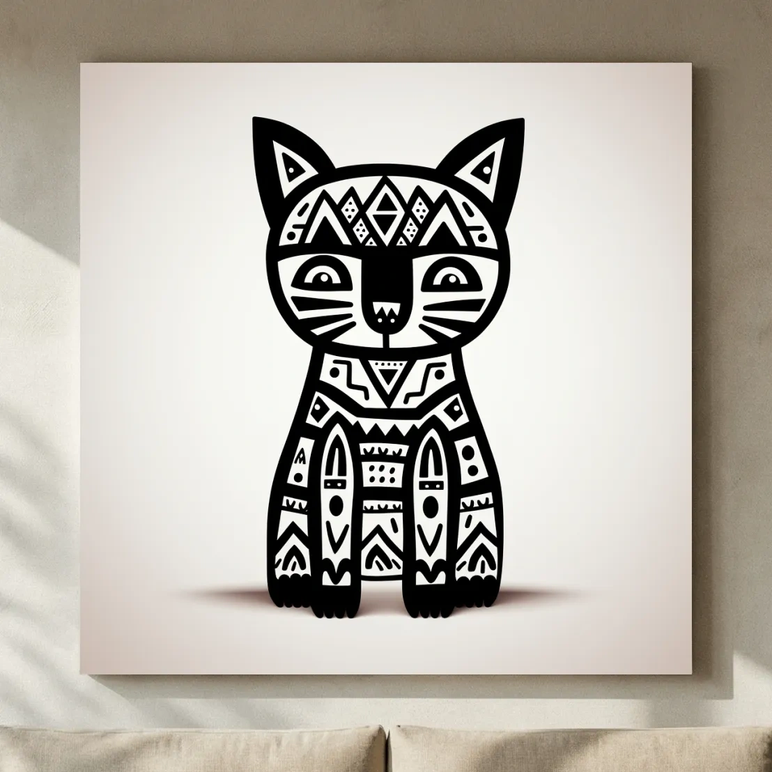 Tribal Geometric Cat Illustration - Black And White Quirky Animal Wall Art